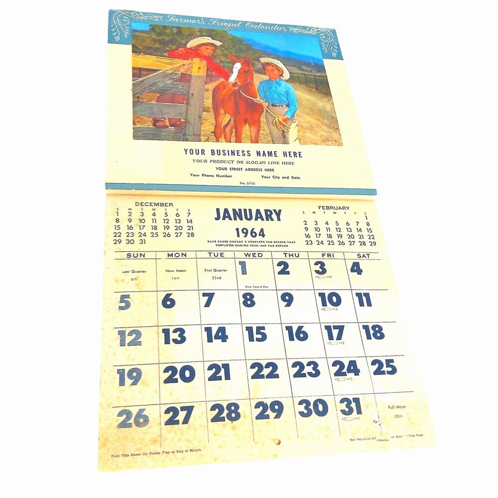 Vintage 1964 Farmers Friend Wall Calendar Cowboy Western Art 60s